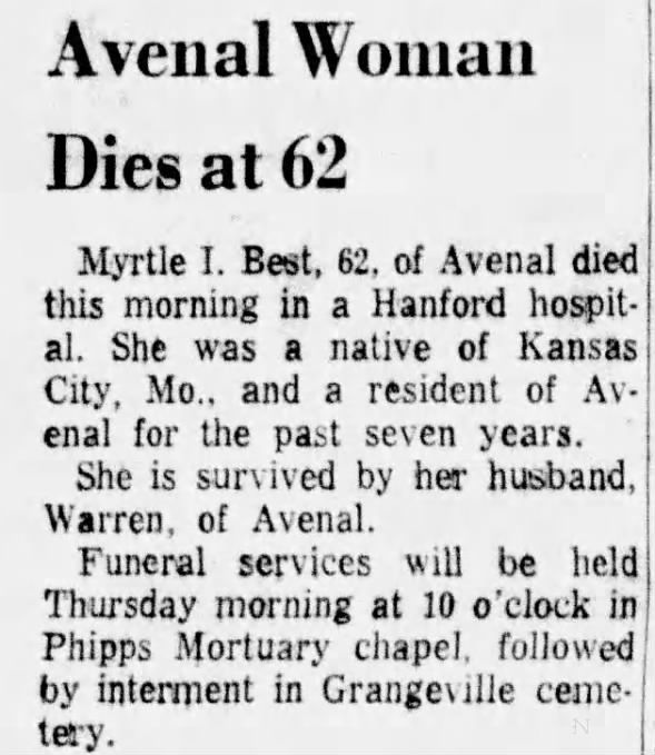 Obituary for Myrtle I. Best (Aged 62)